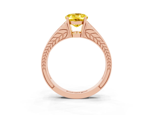 Rose gold Oval Cut Yellow Sapphire Split Shank Ring with Pavé Band and Four-Prong Setting