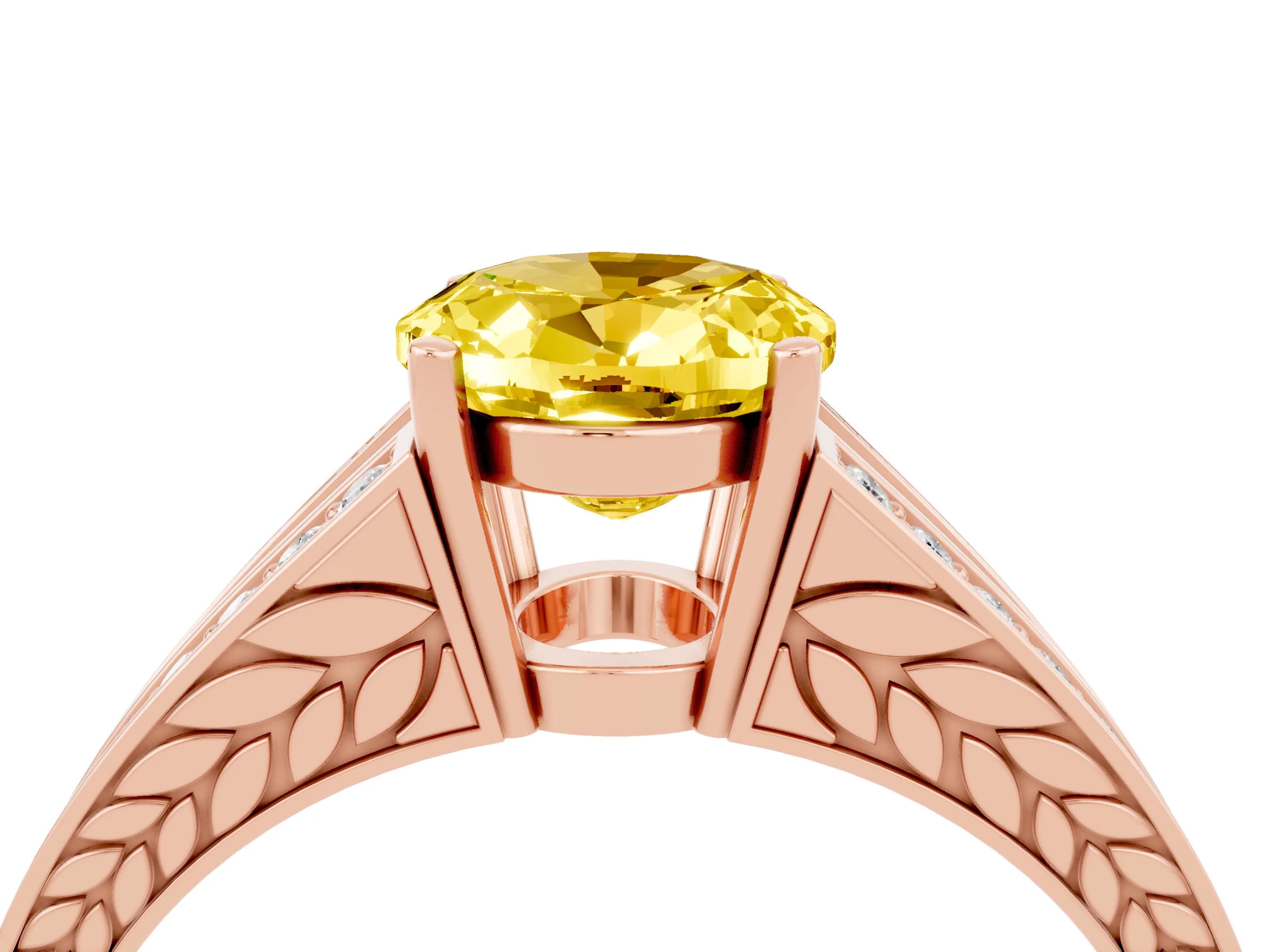 Rose gold Oval Cut Yellow Sapphire Split Shank Ring with Pavé Band and Four-Prong Setting_4
