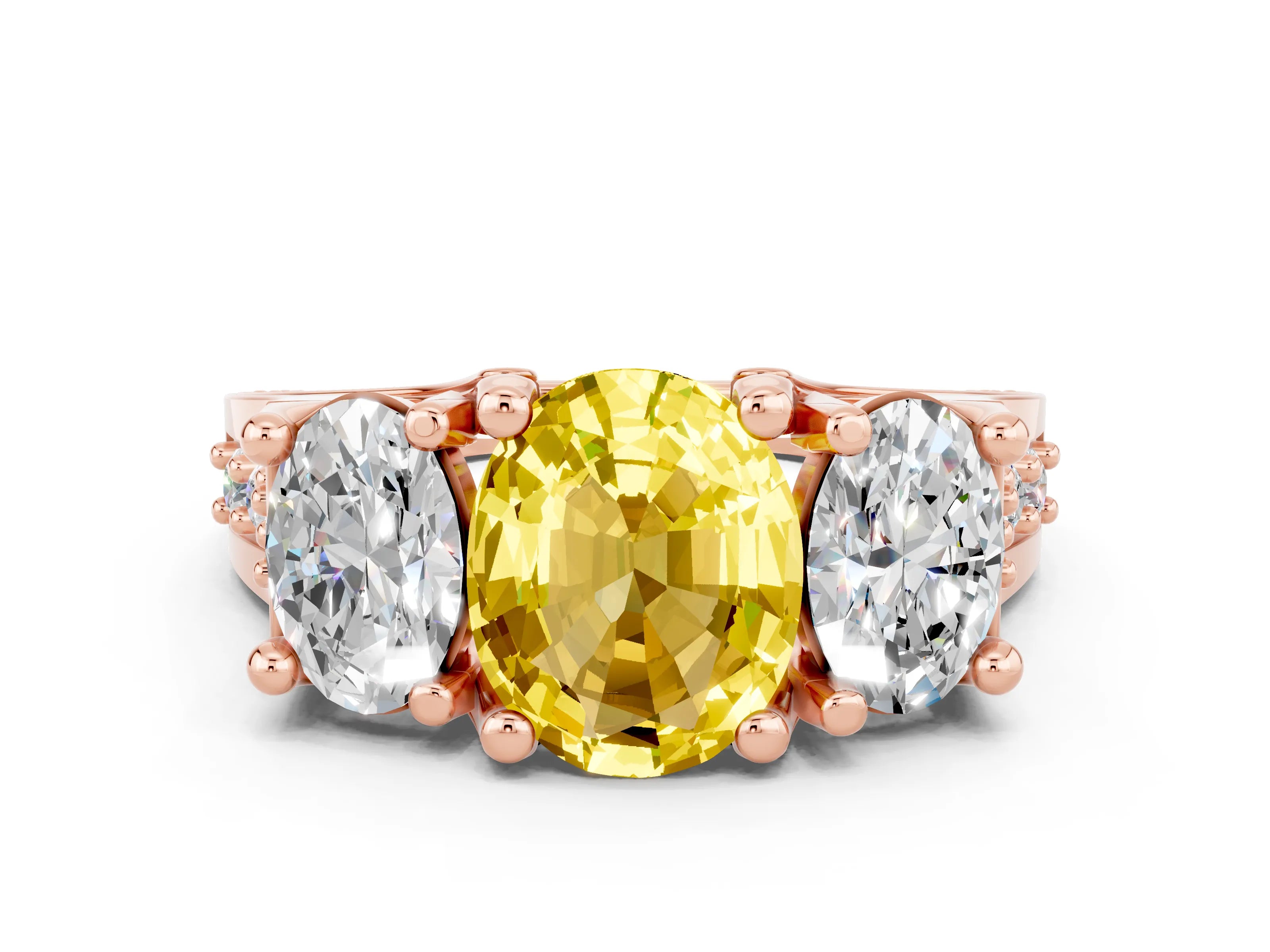 Rose gold Oval Cut Yellow Sapphire Three-Stone Ring with Channel Set Band and Four-Prong Setting