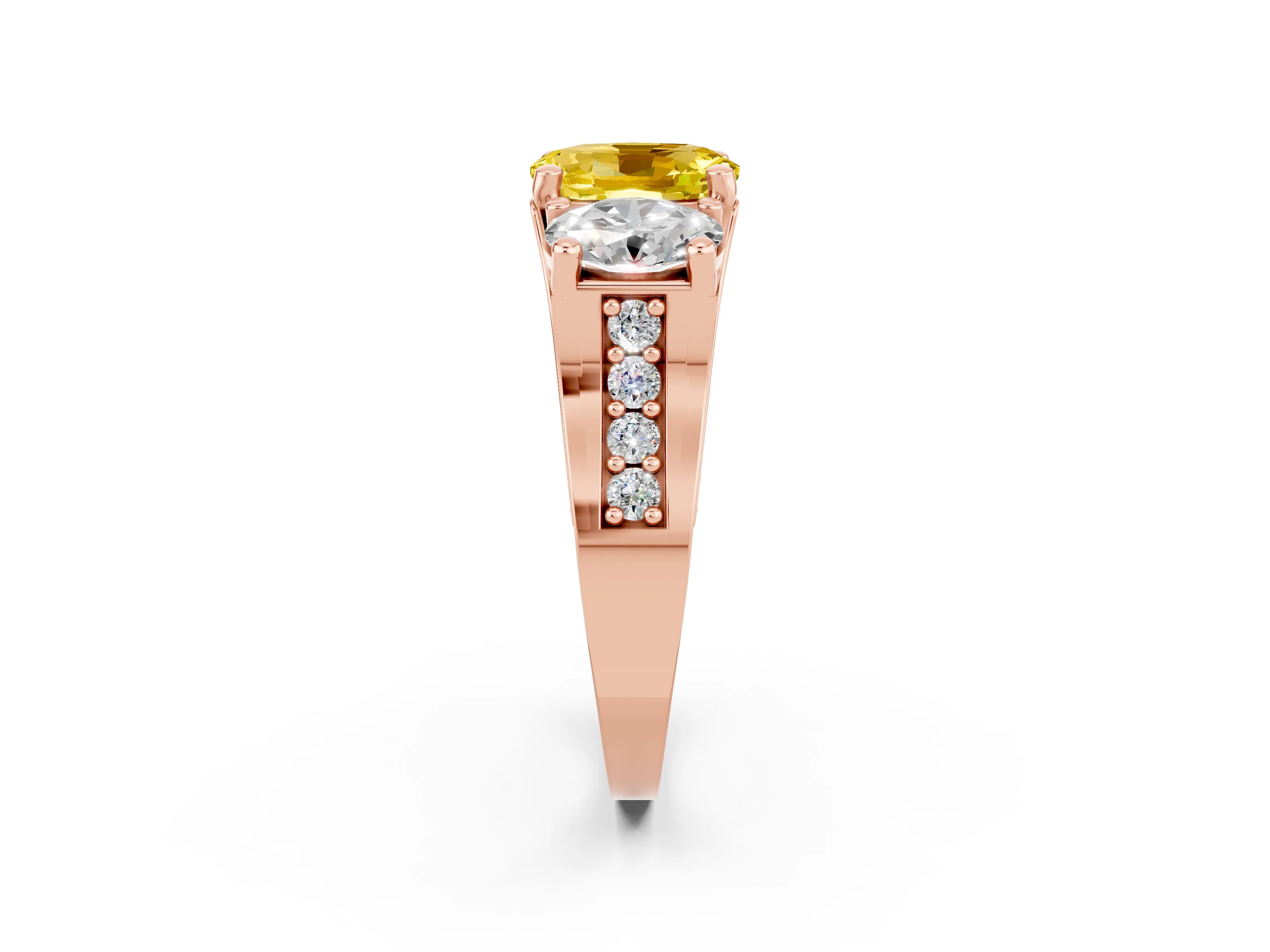 Rose gold Oval Cut Yellow Sapphire Three-Stone Ring with Channel Set Band and Four-Prong Setting_2