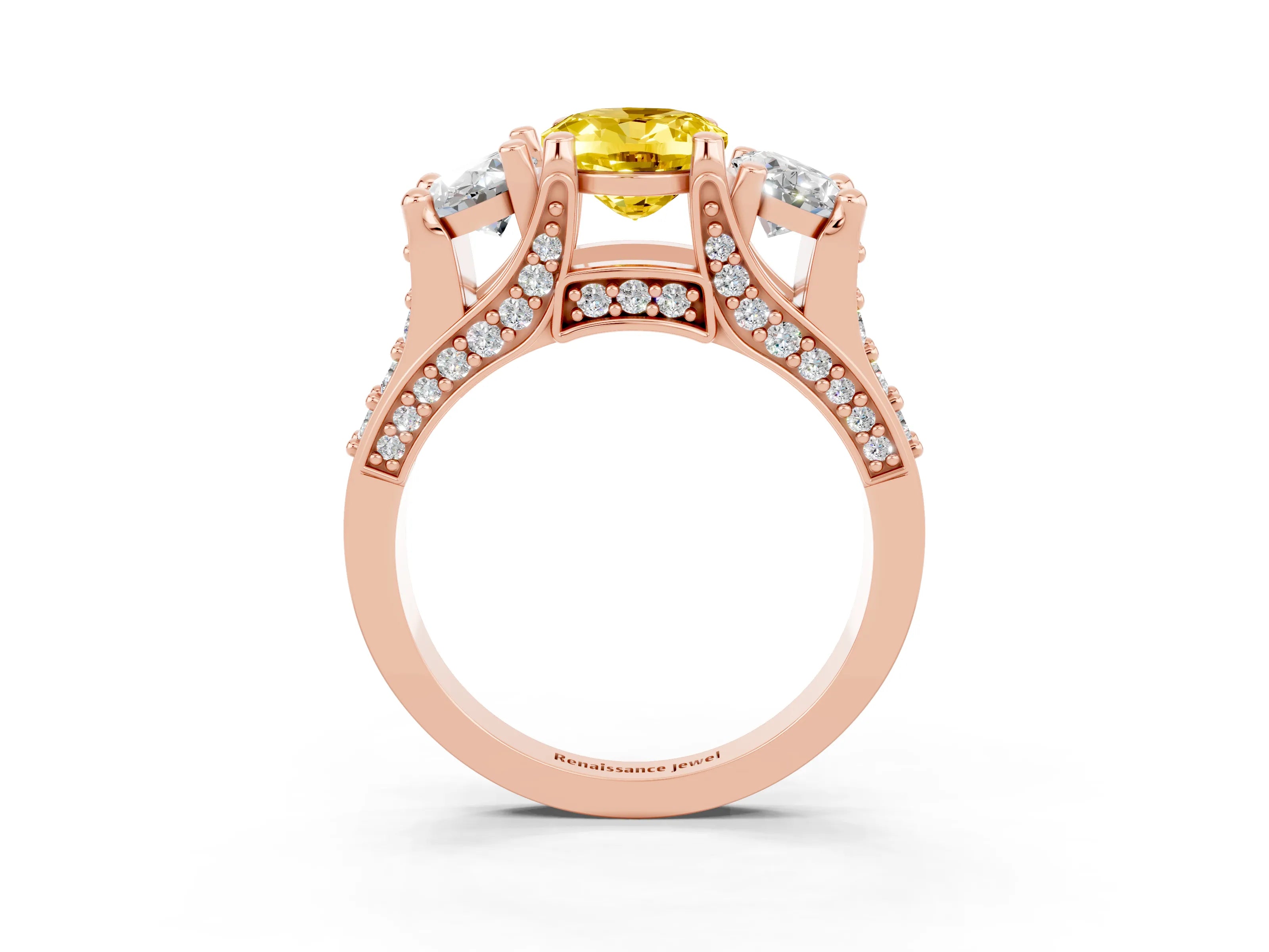 Rose gold Oval Cut Yellow Sapphire Three-Stone Ring with Channel Set Band and Four-Prong Setting_3