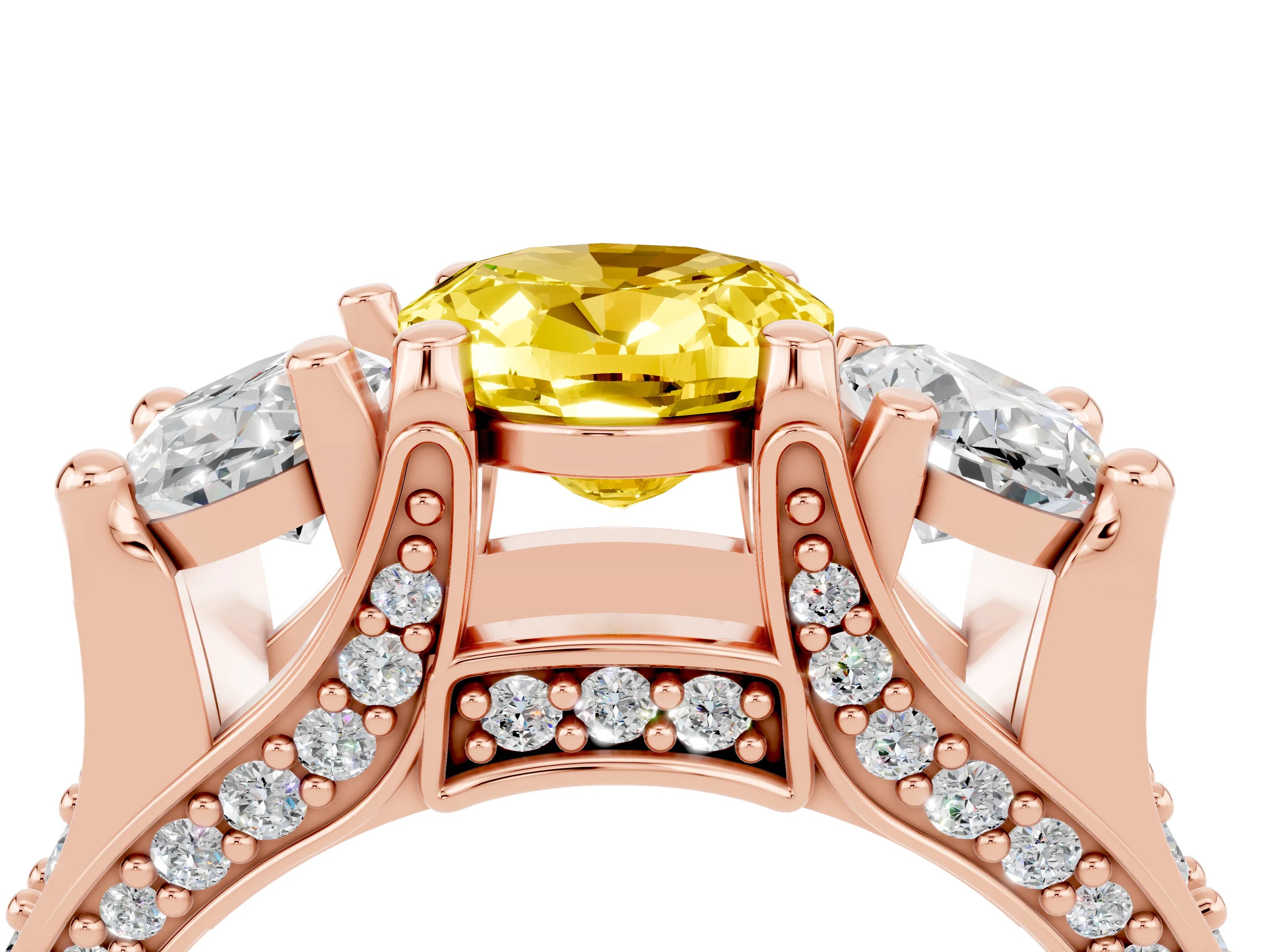 Rose gold Oval Cut Yellow Sapphire Three-Stone Ring with Channel Set Band and Four-Prong Setting_4