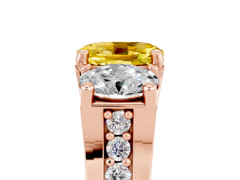 Rose gold Oval Cut Yellow Sapphire Three-Stone Ring with Channel Set Band and Four-Prong Setting_5