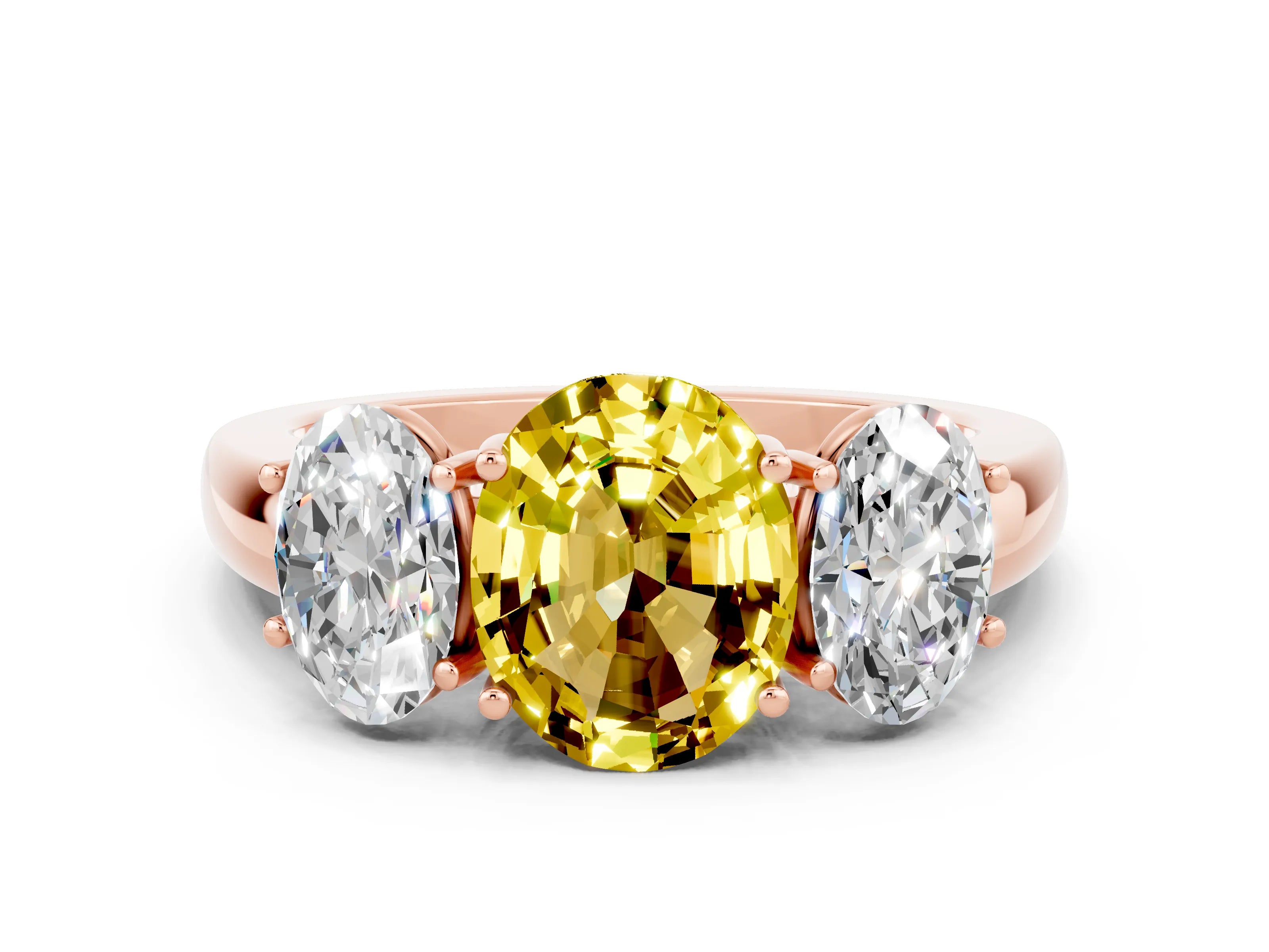 Rose gold Oval Cut Yellow Sapphire Three-Stone Ring with Four-Prong Setting and Classic Band