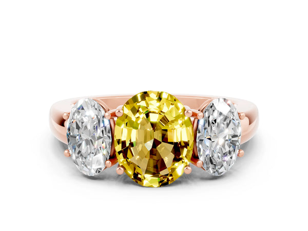 Rose gold Oval Cut Yellow Sapphire Three-Stone Ring with Four-Prong Setting and Classic Band