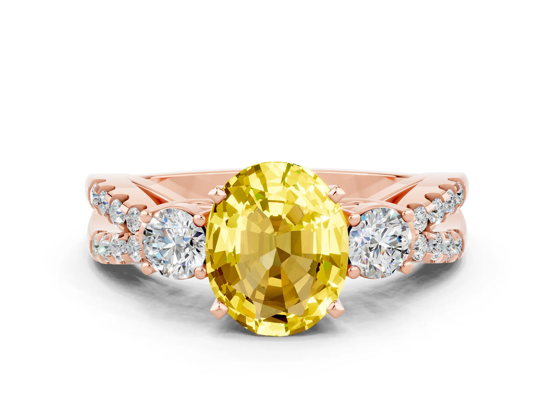 Rose gold Oval Cut Yellow Sapphire Three-Stone Ring with Pavé Split Shank and Four-Prong Setting_36