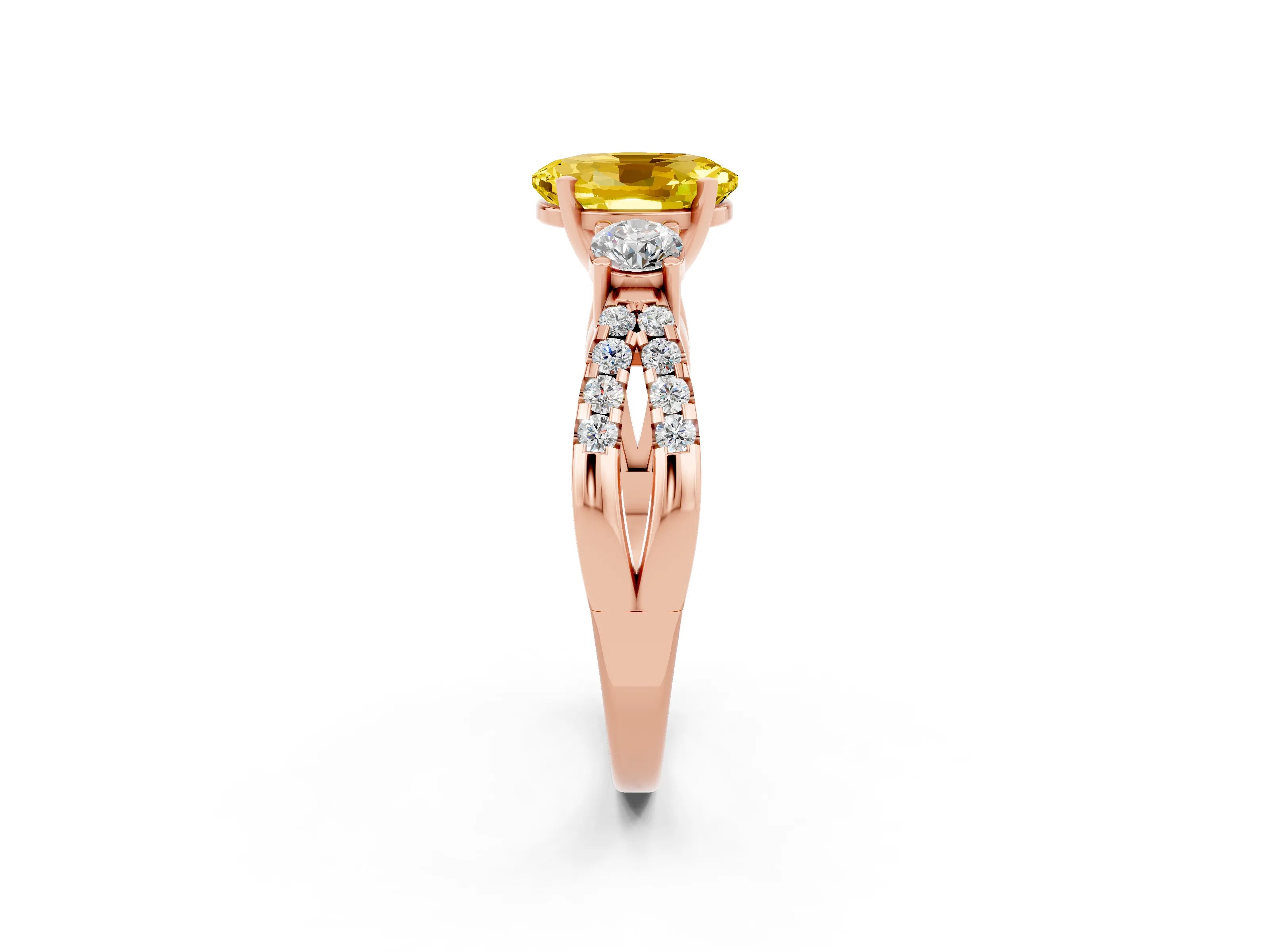 Rose gold Oval Cut Yellow Sapphire Three-Stone Ring with Pavé Split Shank and Four-Prong Setting_38