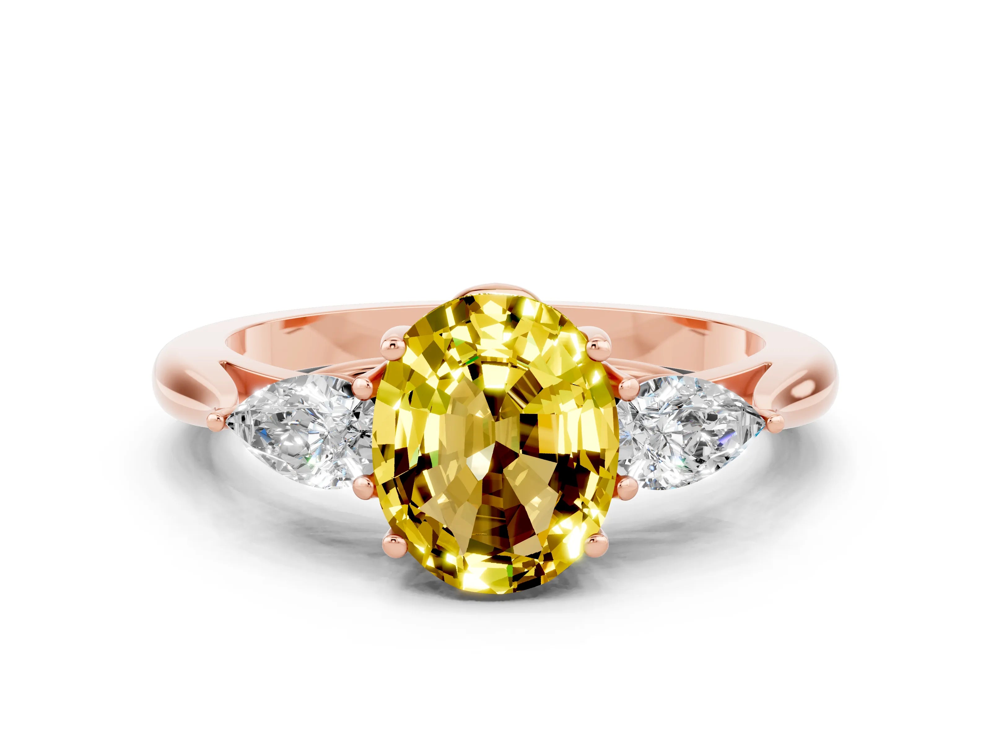 Rose gold Oval Cut Yellow Sapphire Three-Stone Ring with Pear Side Stones and Four-Prong Setting_12