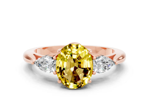 Rose gold Oval Cut Yellow Sapphire Three-Stone Ring with Pear Side Stones and Four-Prong Setting_12