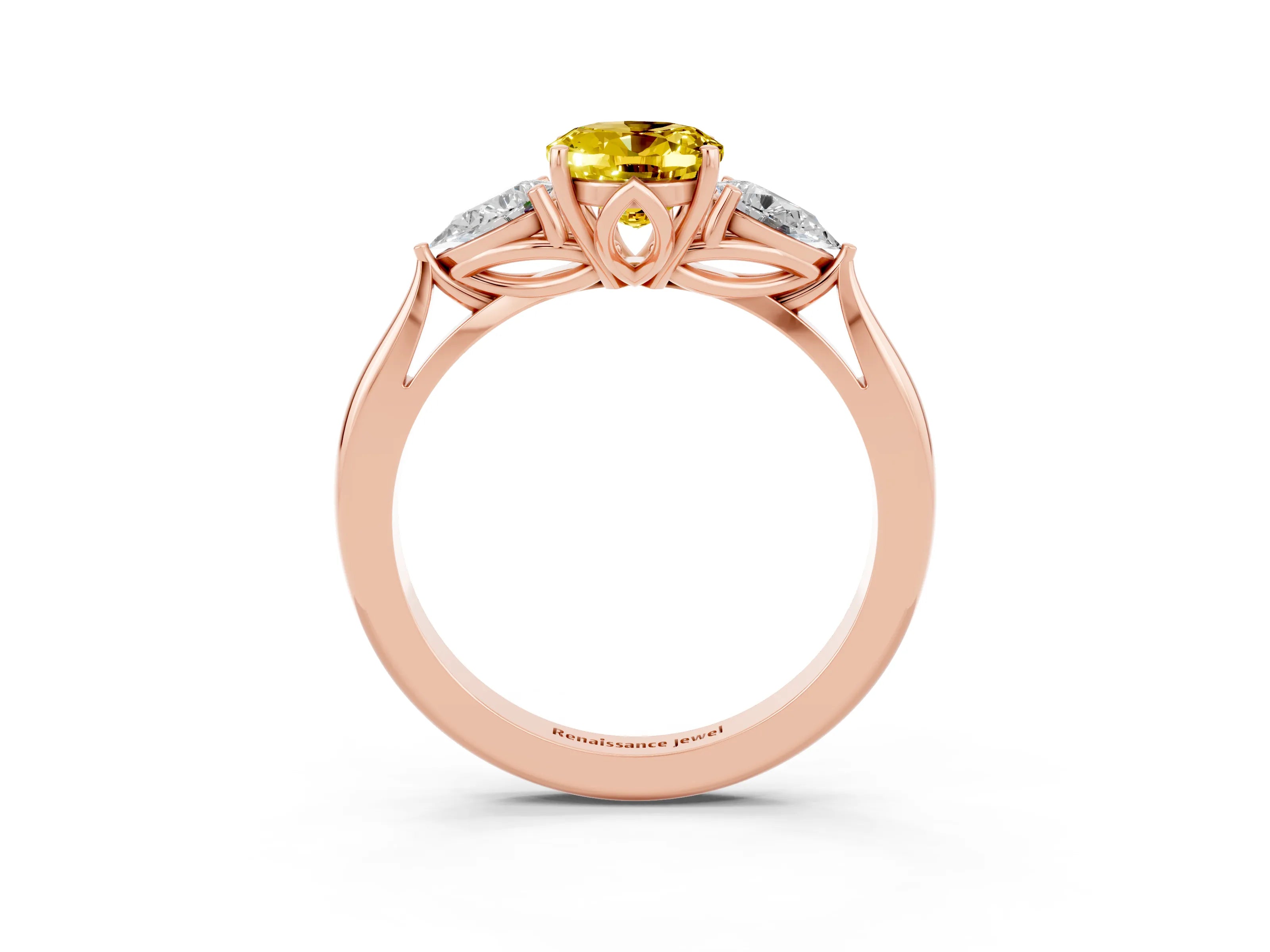 Rose gold Oval Cut Yellow Sapphire Three-Stone Ring with Pear Side Stones and Four-Prong Setting_15