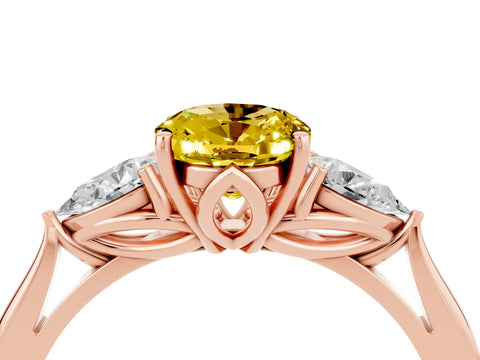 Rose gold Oval Cut Yellow Sapphire Three-Stone Ring with Pear Side Stones and Four-Prong Setting_16