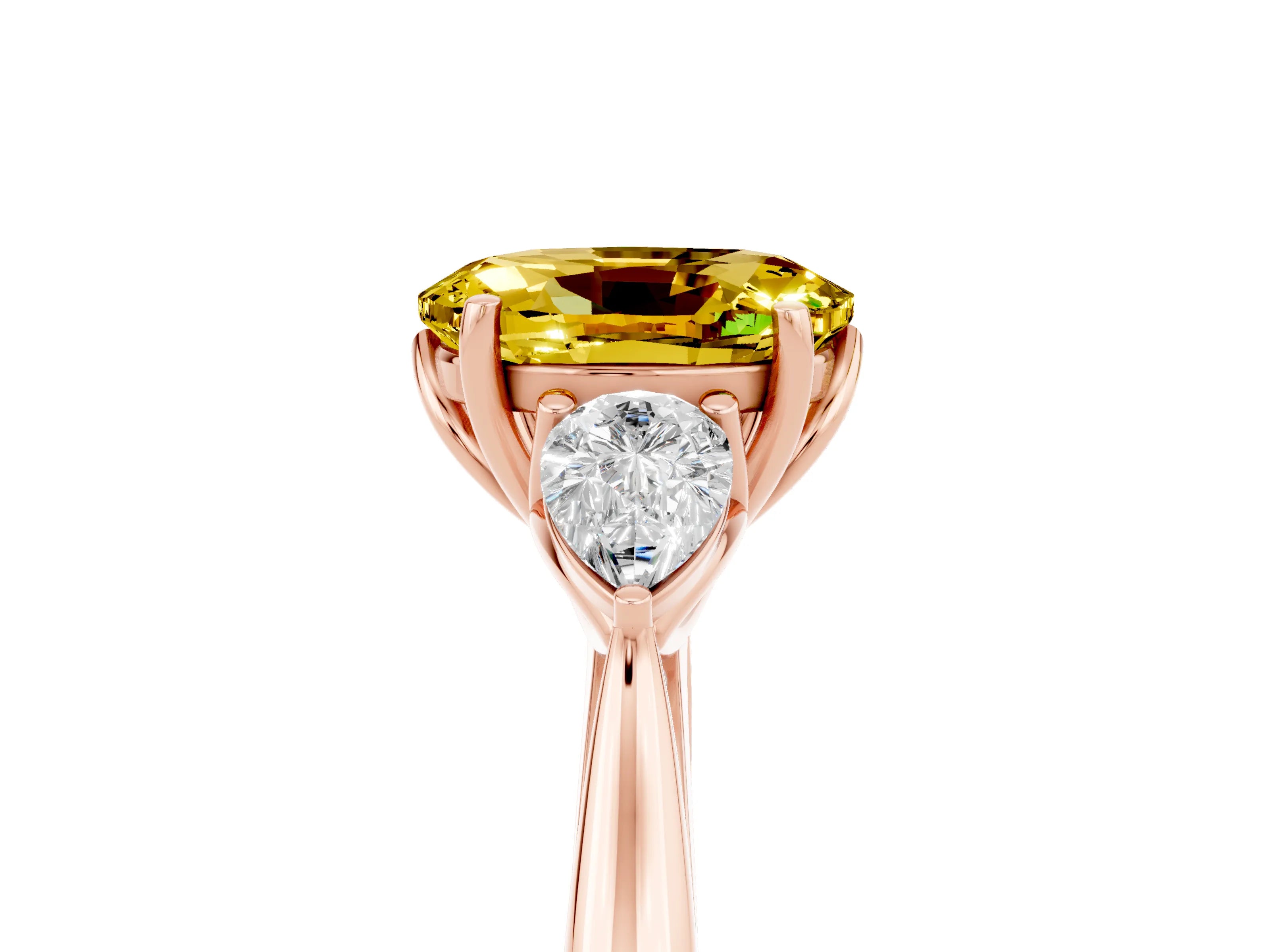 Rose gold Oval Cut Yellow Sapphire Three-Stone Ring with Pear Side Stones and Four-Prong Setting_17