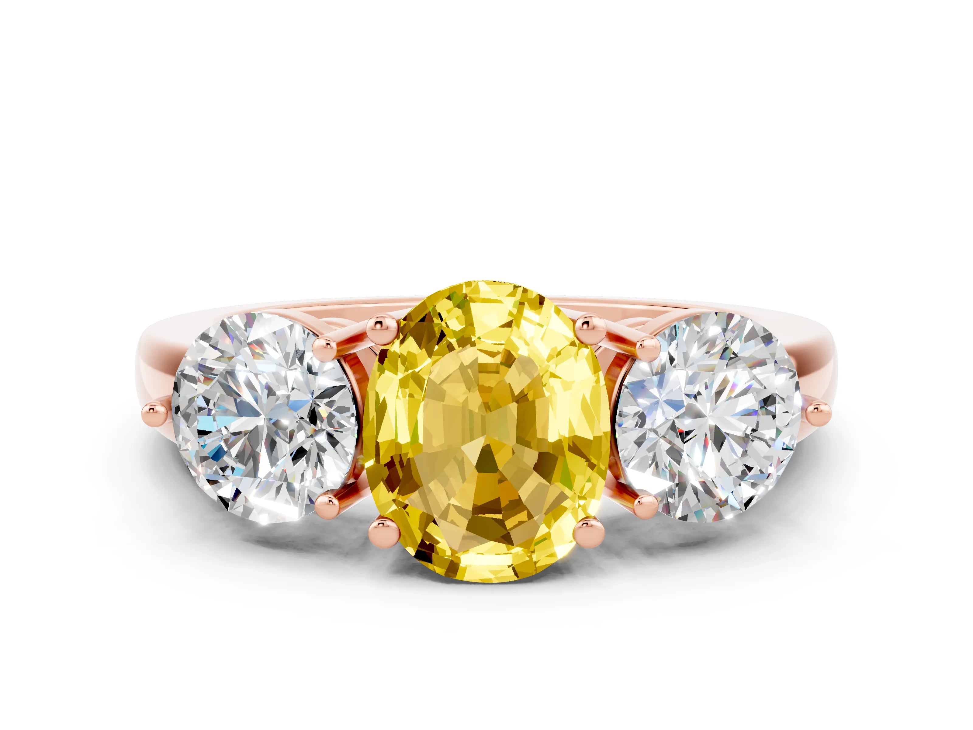 Rose gold Oval Cut Yellow Sapphire Three-Stone Ring with Prong Setting and Classic Band