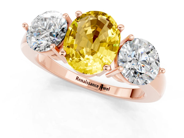 Rose gold Oval Cut Yellow Sapphire Three-Stone Ring with Prong Setting and Classic Band