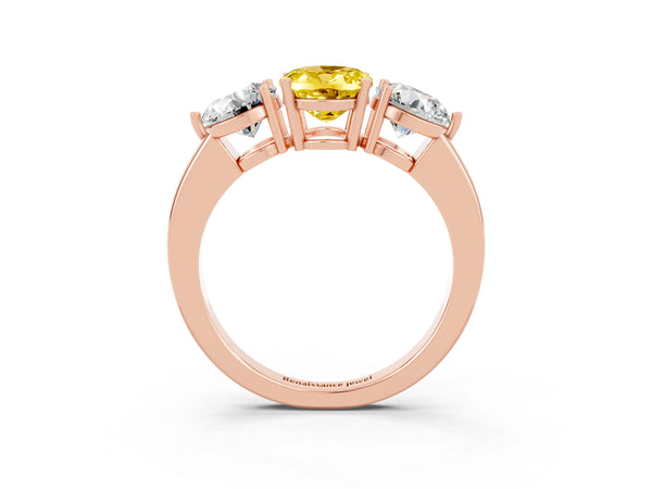 Rose gold Oval Cut Yellow Sapphire Three-Stone Ring with Prong Setting and Classic Band