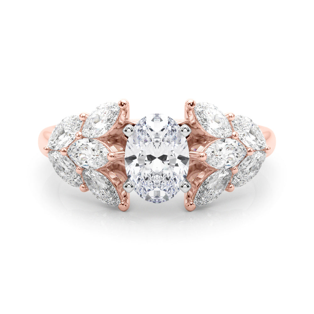 Rose gold Oval Diamond Cluster Leaf Design Ring with Prong Setting 1