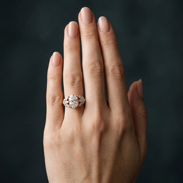 Rose gold Oval Diamond Cluster Leaf Design Ring with Prong Setting