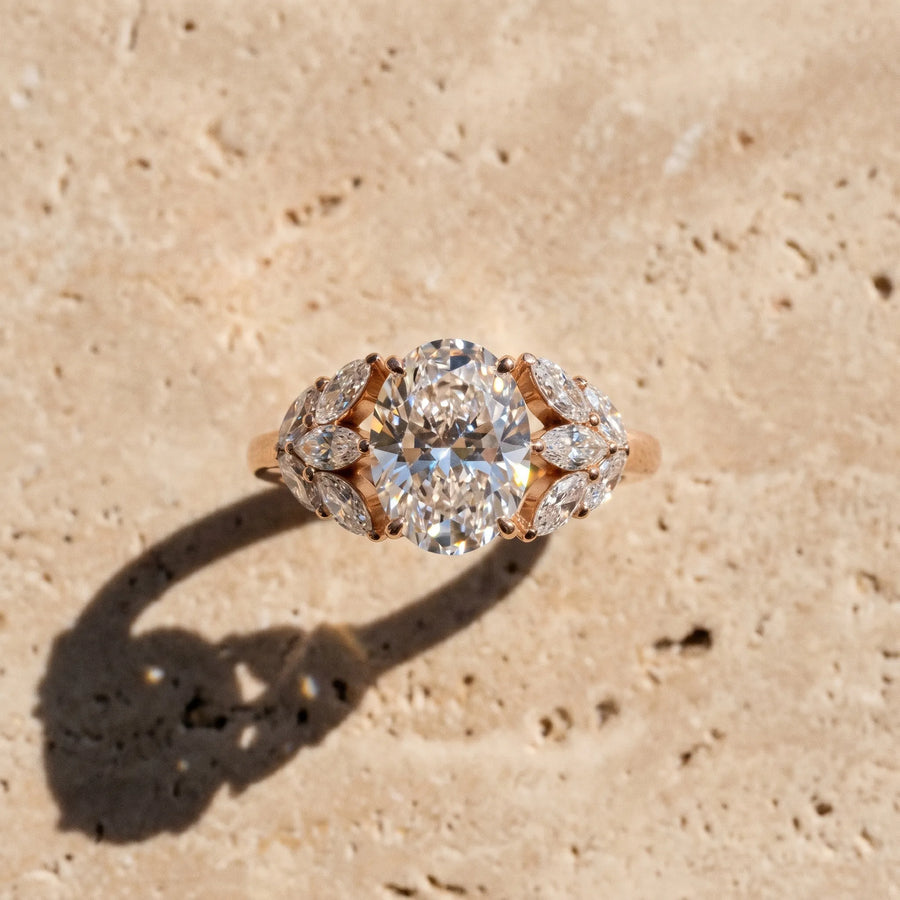 Rose gold Oval Diamond Cluster Leaf Design Ring with Prong Setting