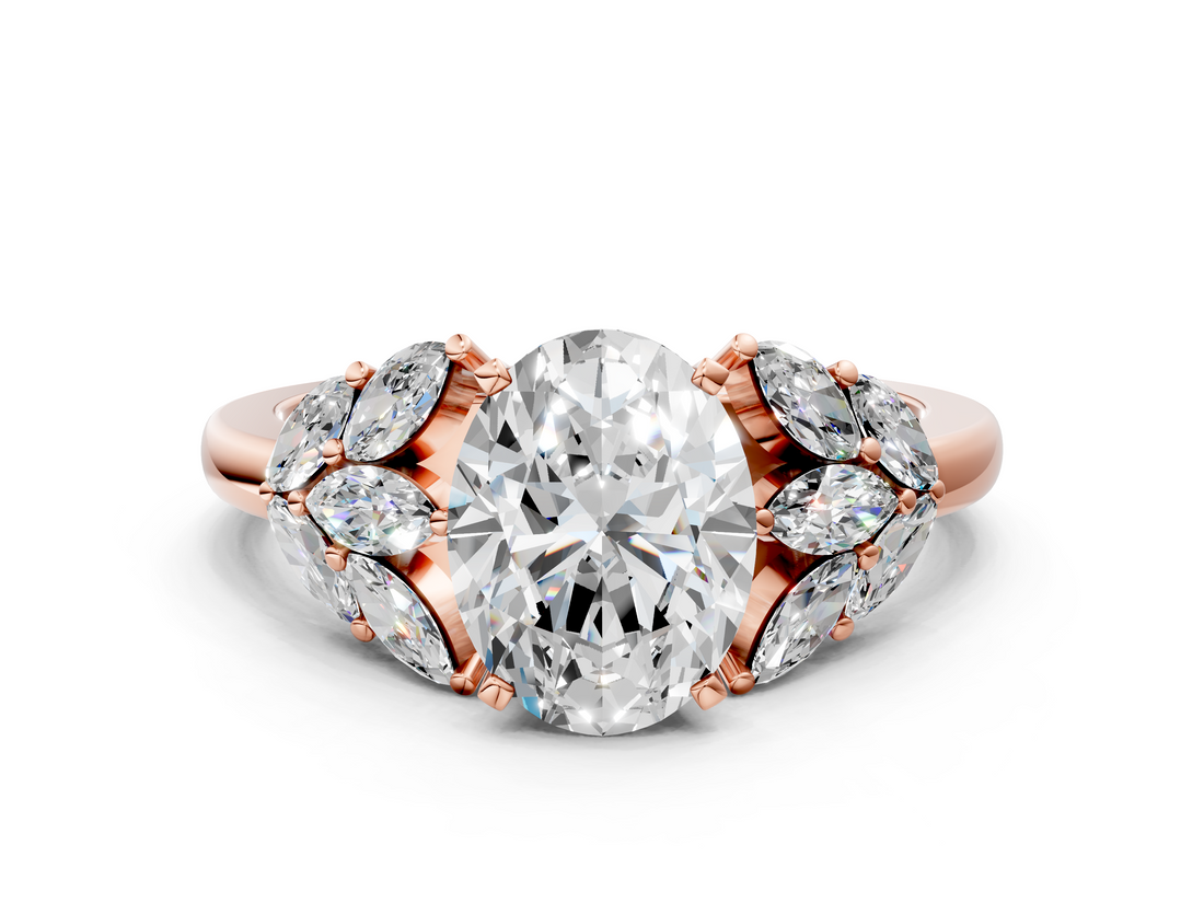 Rose gold Oval Diamond Cluster Leaf Design Ring with Prong Setting_60