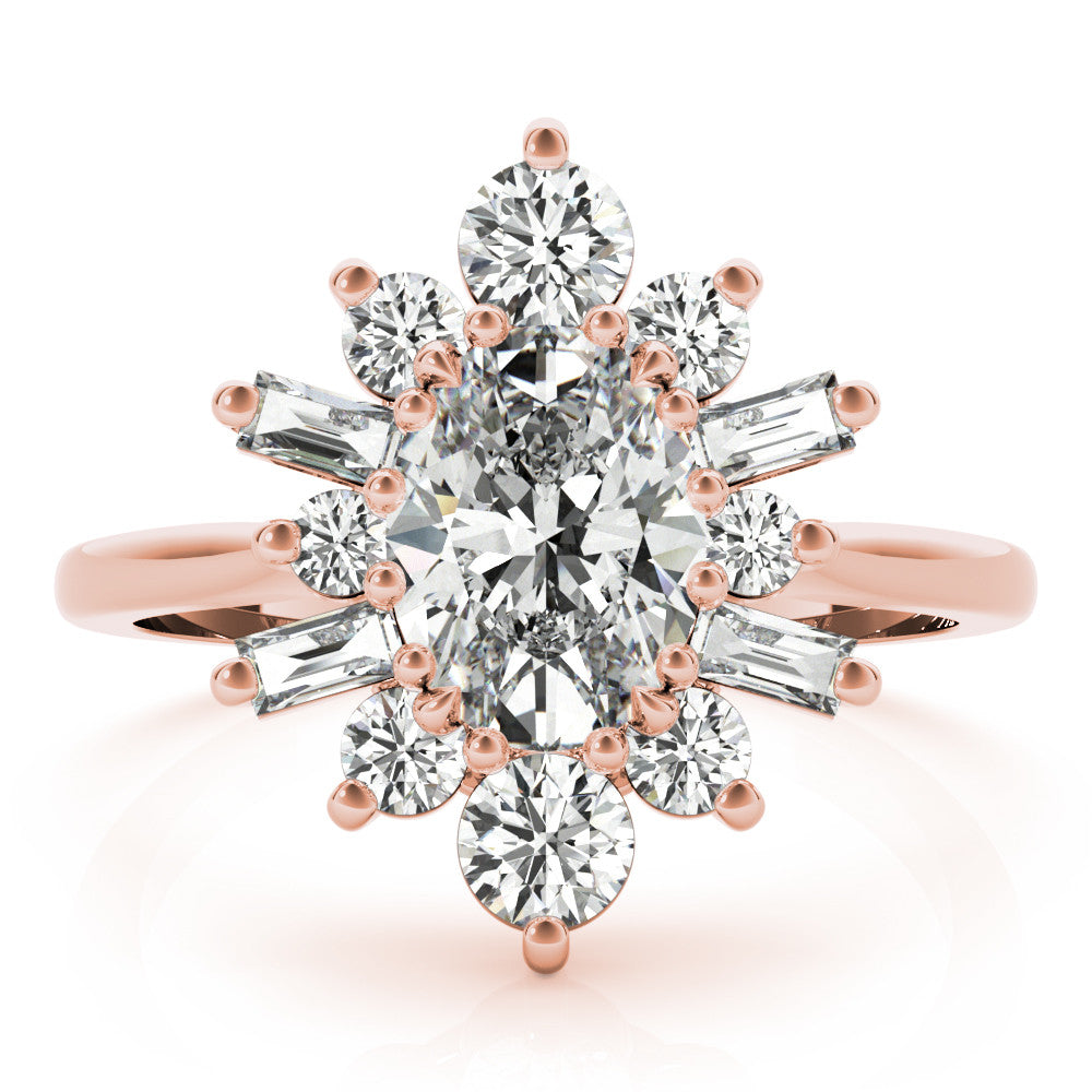 Rose gold Oval Diamond Cluster Ring with Round and Baguette Stones, Split Shank Band, Prong Setting 1