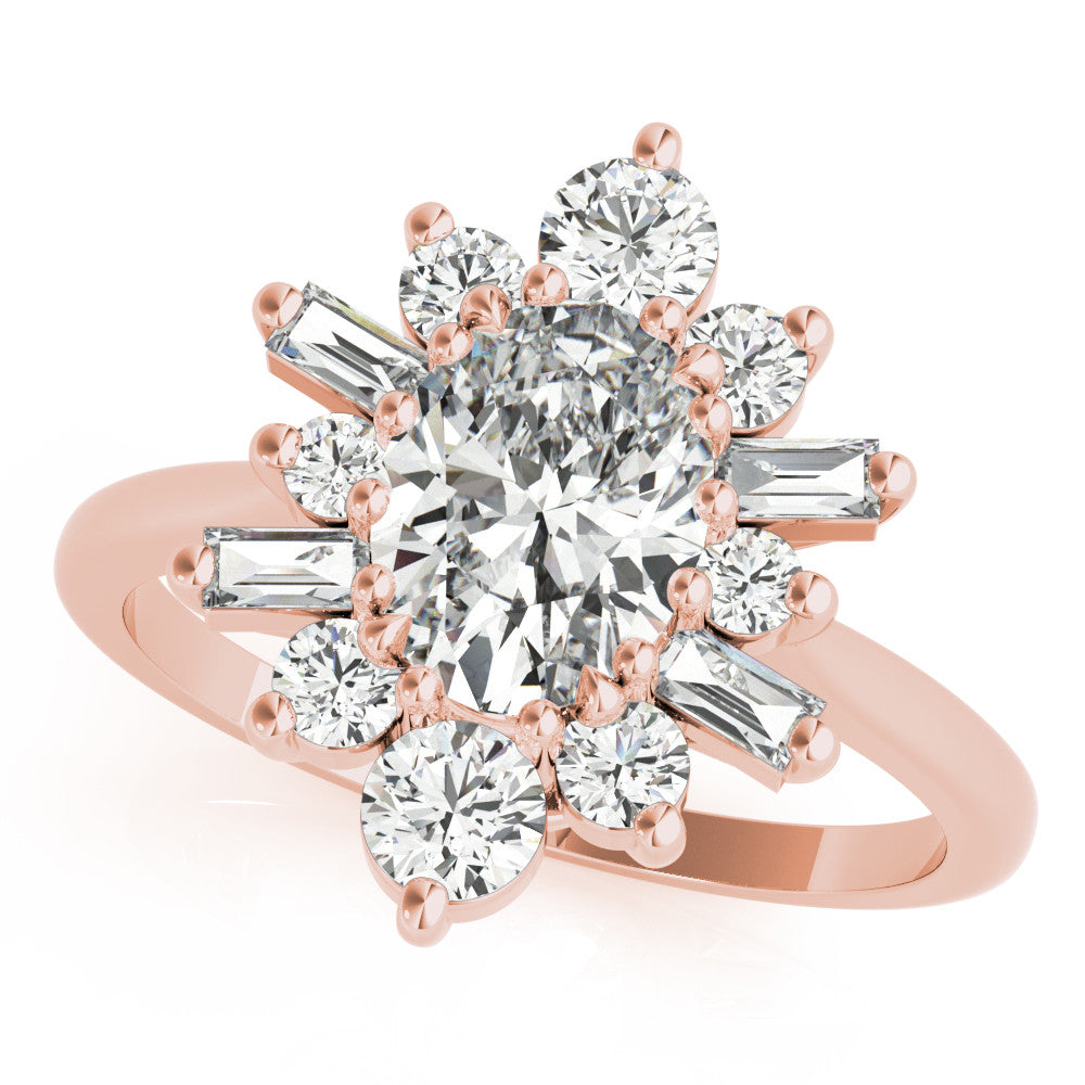 Rose gold Oval Diamond Cluster Ring with Round and Baguette Stones, Split Shank Band, Prong Setting