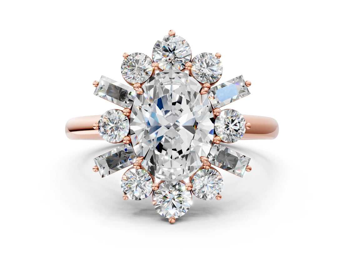 Rose gold Oval Diamond Cluster Ring with Round and Baguette Stones, Split Shank Band, Prong Setting_15