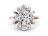 Rose gold Oval Diamond Cluster Ring with Round and Baguette Stones, Split Shank Band, Prong Setting_15