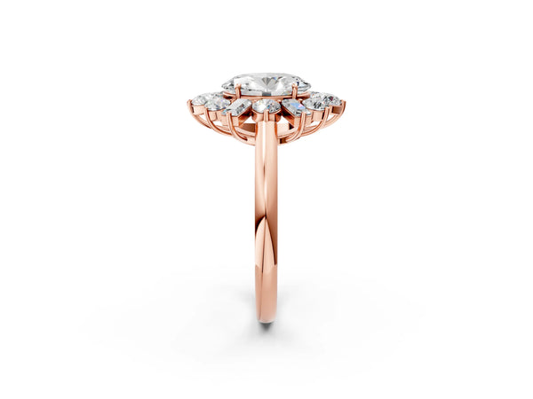 Rose gold Oval Diamond Cluster Ring with Round and Baguette Stones, Split Shank Band, Prong Setting
