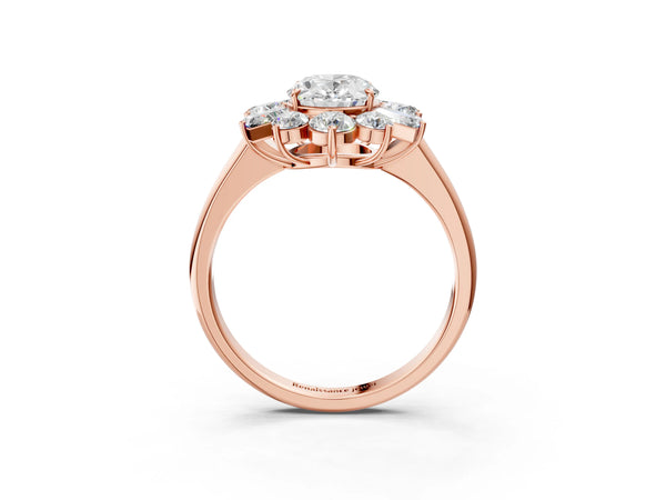 Rose gold Oval Diamond Cluster Ring with Round and Baguette Stones, Split Shank Band, Prong Setting