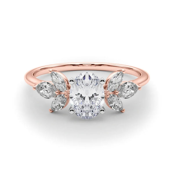 Rose gold Oval Diamond Floral Cluster Ring with Marquise Side Stones and Six-Prong Solitaire Setting