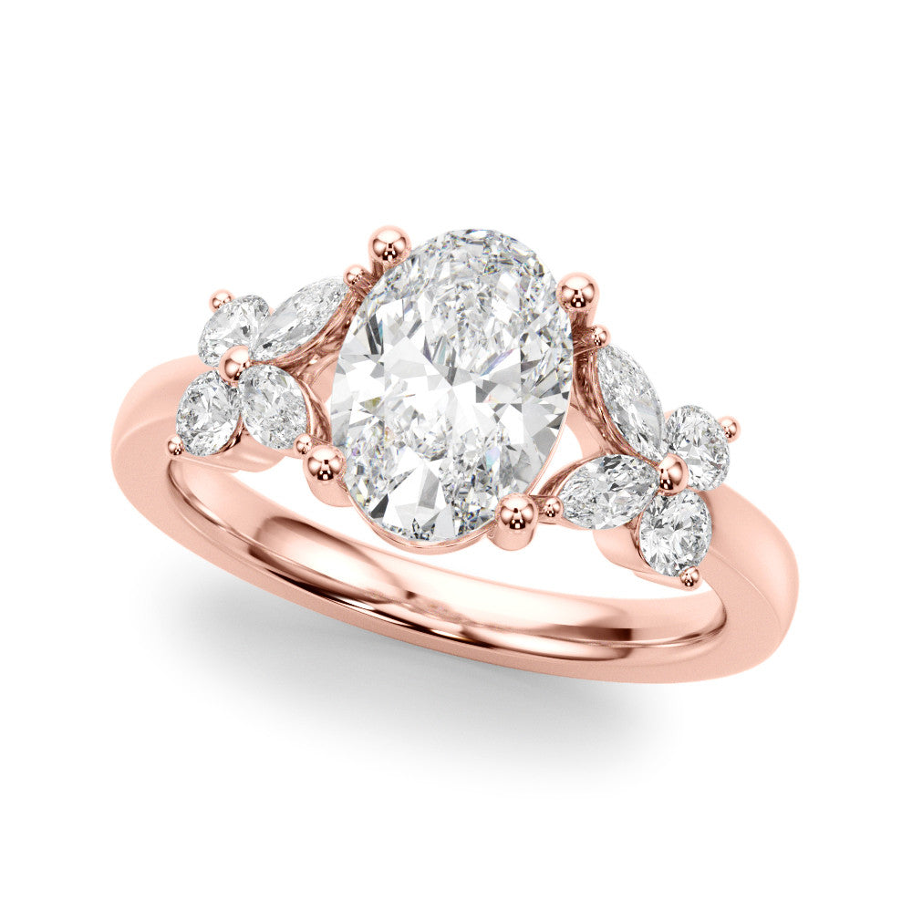 Rose gold Oval Diamond Floral Cluster Ring with Solitaire Band and Prong Setting