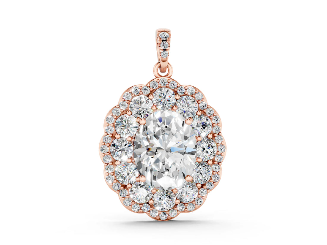 Rose gold Oval Diamond Floral Halo Pendant with Diamond Accents_16