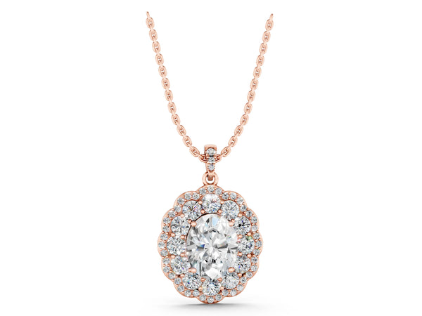 Rose gold Oval Diamond Floral Halo Pendant with Diamond Accents