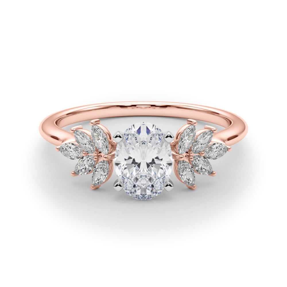 Rose gold Oval Diamond Floral Side Stone Solitaire with Marquise Accents and Four-Prong Setting 1