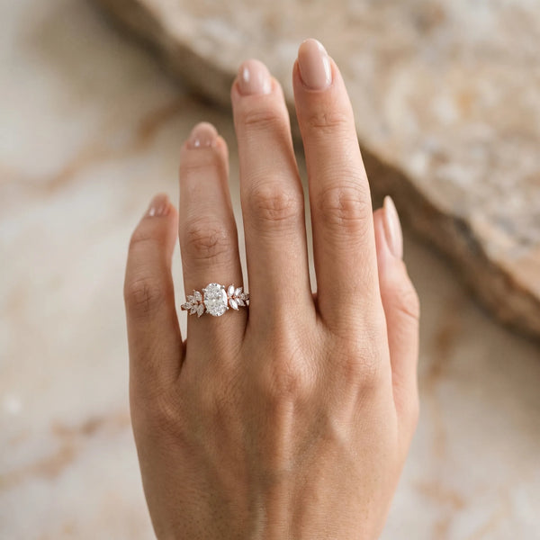 Rose gold Oval Diamond Floral Side Stone Solitaire with Marquise Accents and Four-Prong Setting