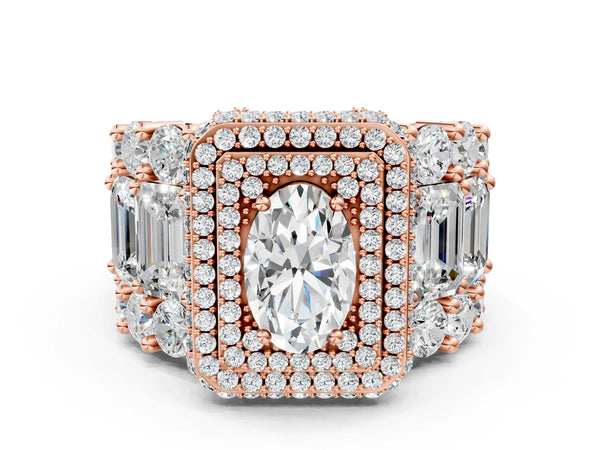 Rose gold Oval Diamond Halo Mens Ring with Baguette Side Stones