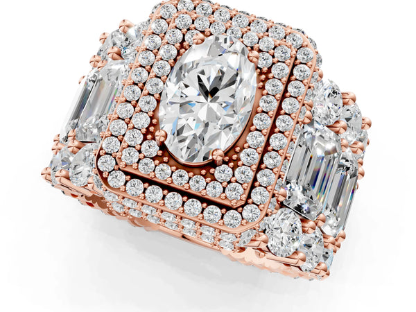 Rose gold Oval Diamond Halo Mens Ring with Baguette Side Stones