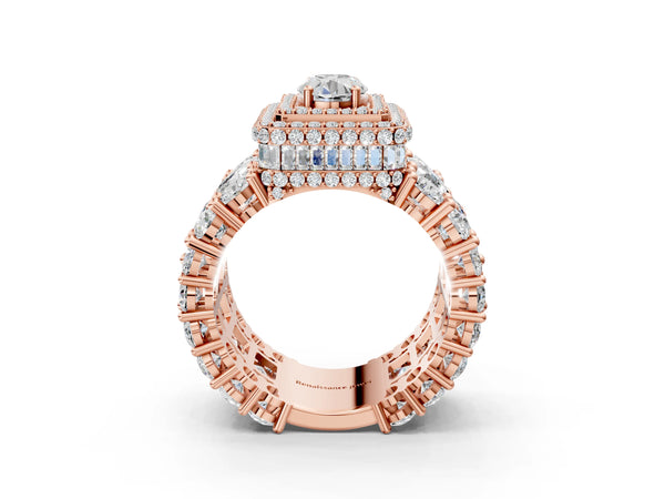 Rose gold Oval Diamond Halo Mens Ring with Baguette Side Stones