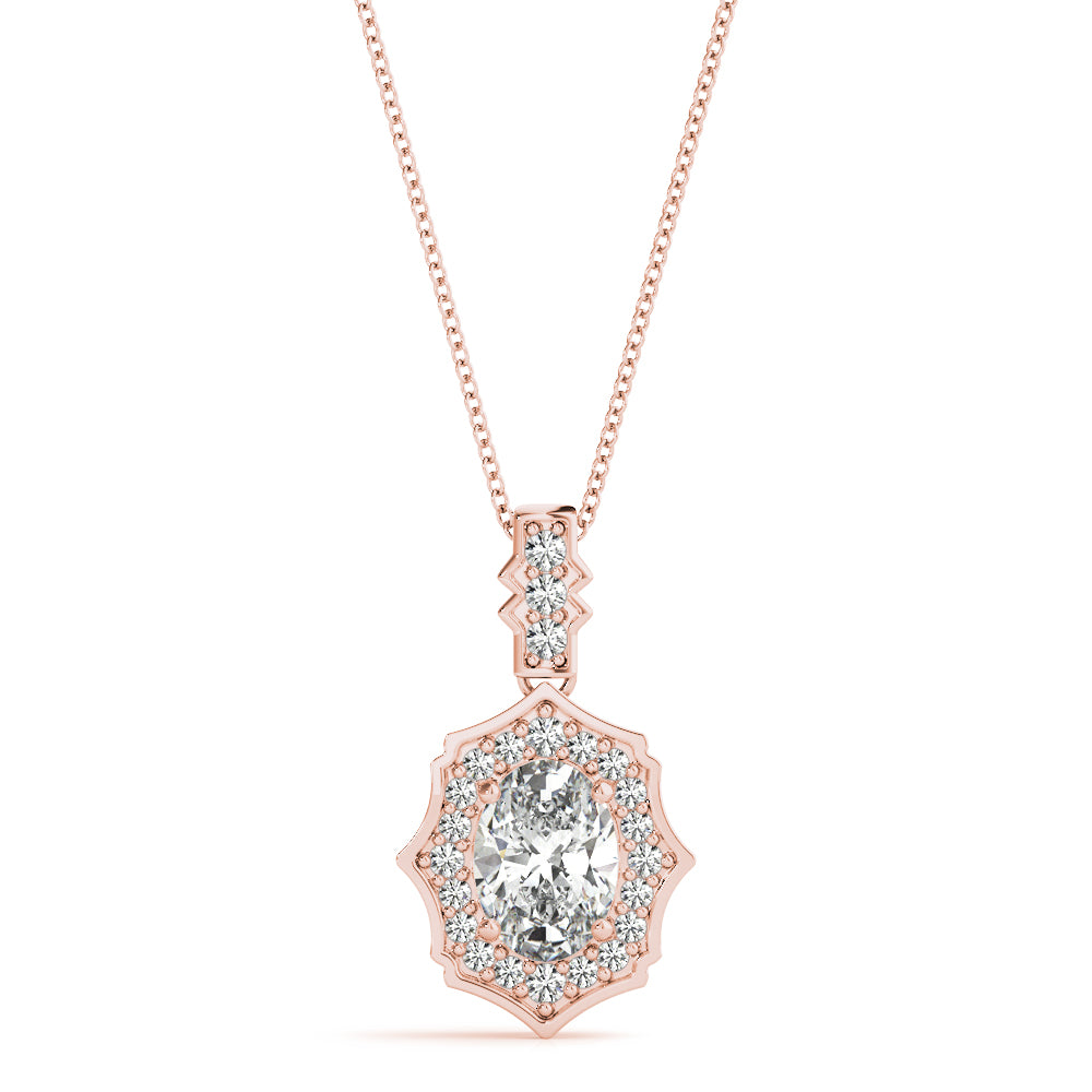 Rose gold Oval Diamond Halo Pendant with Milgrain Prong Setting