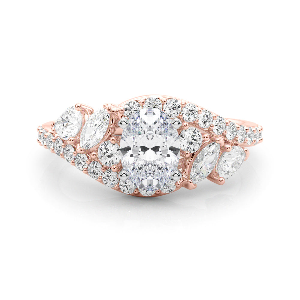 Rose gold Oval Diamond Halo Ring with Marquise and Pavé Band in Prong Setting 1