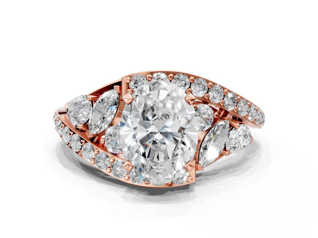 Rose gold Oval Diamond Halo Ring with Marquise and Pavé Band in Prong Setting_87