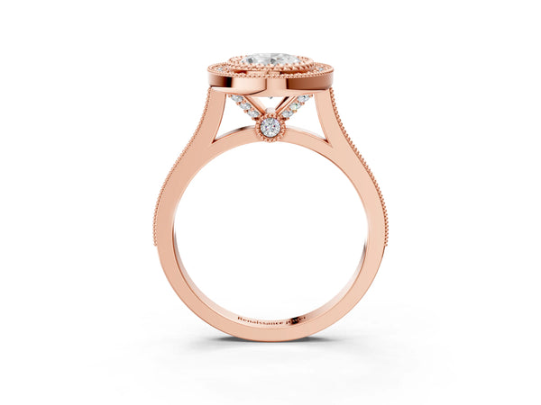 Rose gold Oval Diamond Halo Ring with Milgrain Frame and Pavé Band
