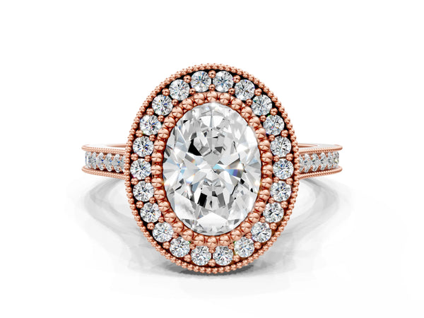 Rose gold Oval Diamond Halo Ring with Milgrain Frame and Pavé Band