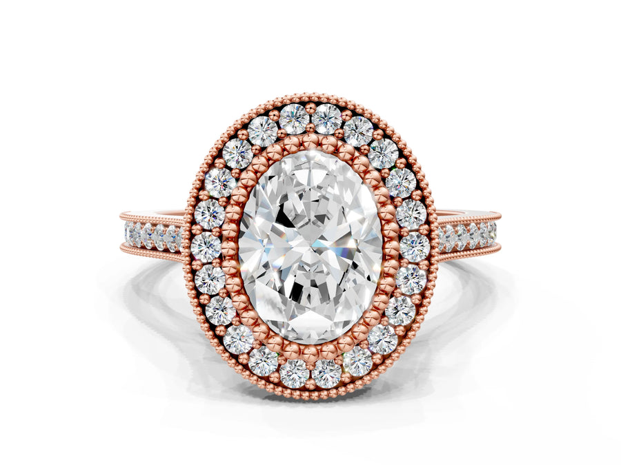 Rose gold Oval Diamond Halo Ring with Milgrain Frame and Pavé Band