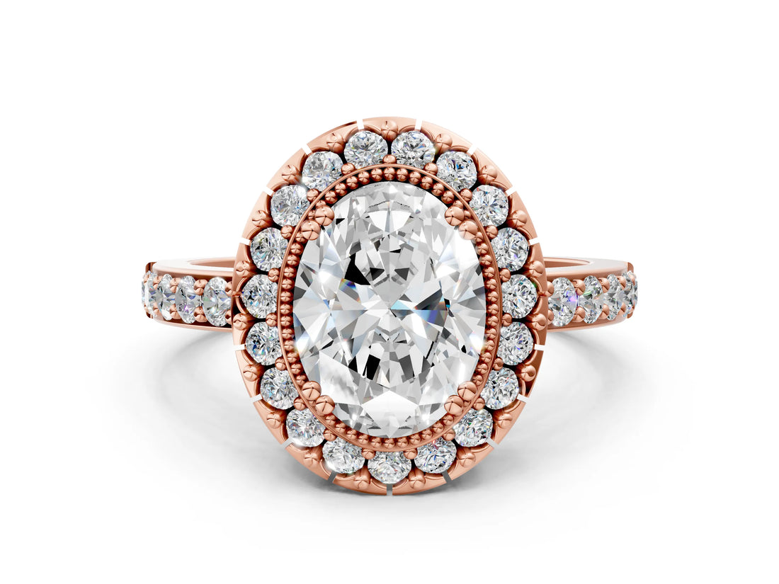Rose gold Oval Diamond Halo Ring with Pavé Band and Prong Setting_3