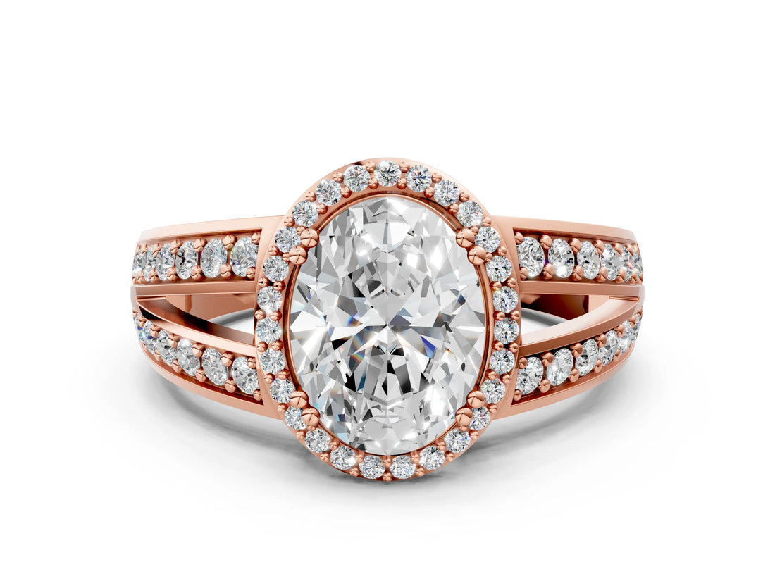Rose gold Oval Diamond Halo Ring with Split Shank Pavé Band and Four-Prong Setting_6