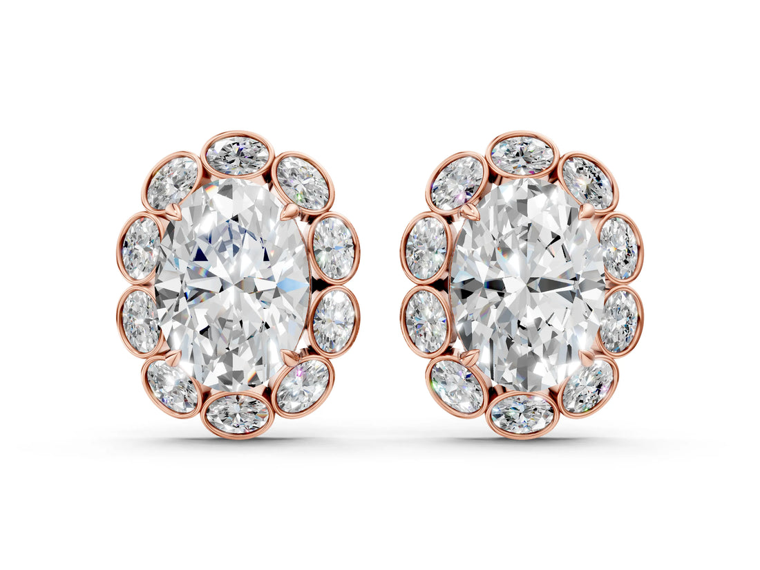 Rose gold Oval Diamond Halo Stud Earrings with Oval Diamond Accents