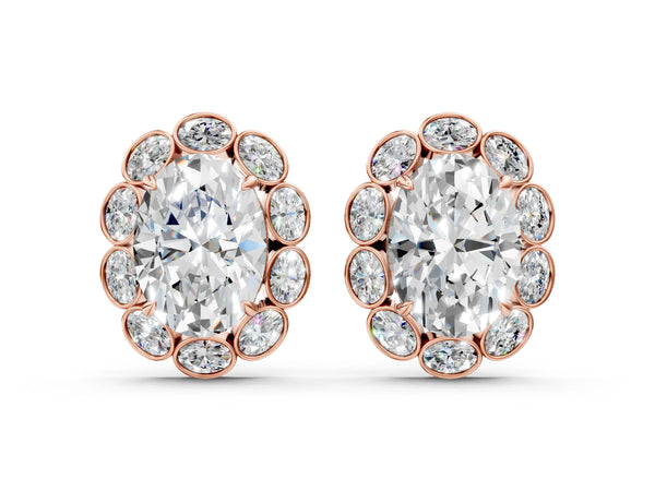 Rose gold Oval Diamond Halo Stud Earrings with Oval Diamond Accents