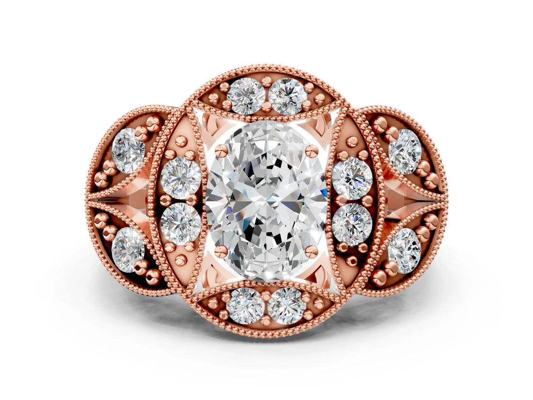 Rose gold Oval Diamond Milgrain Marquise Filigree Engagement Ring with Prong Setting_6
