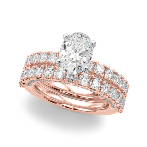 Rose gold Oval Diamond Pavé Band Solitaire Ring with Four-Prong Setting 1